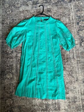 New York & Company Teal Green Lace-Trim Shift Dress
